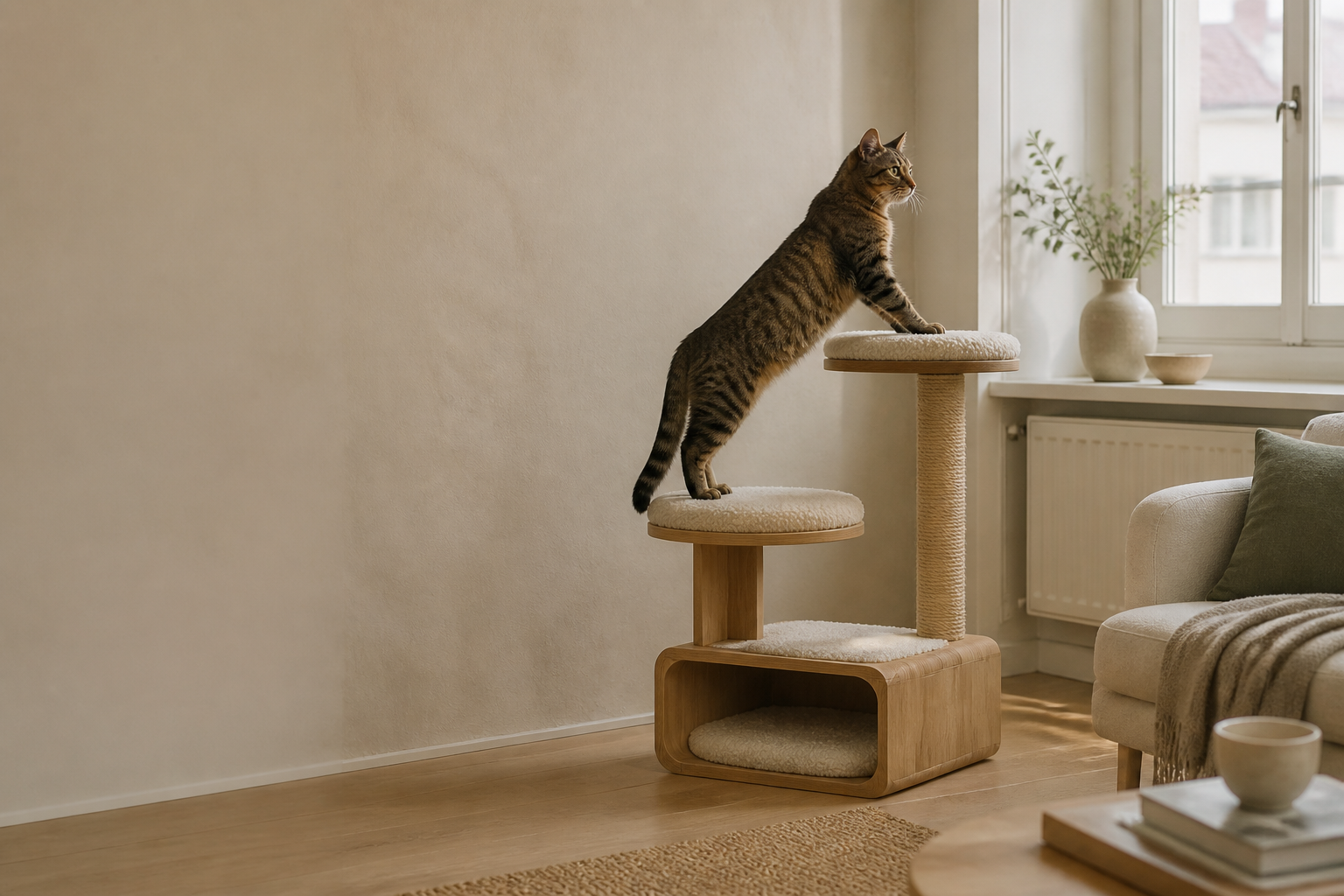 A cat resting in a sculptural oak lounge in a sunlit home